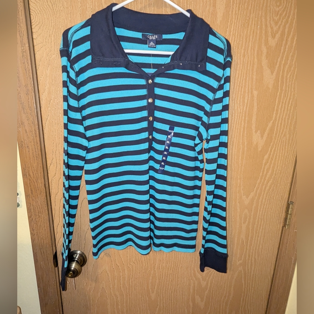 NWT - Chaps Waffle Fabric Thermal Blue & Turquoise Striped Top  - XL